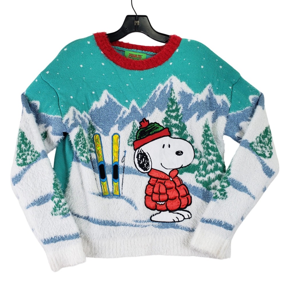 Peanuts Snoopy Skiing Sweater Women S Teal Holiday Ugly Christmas Party Metallic